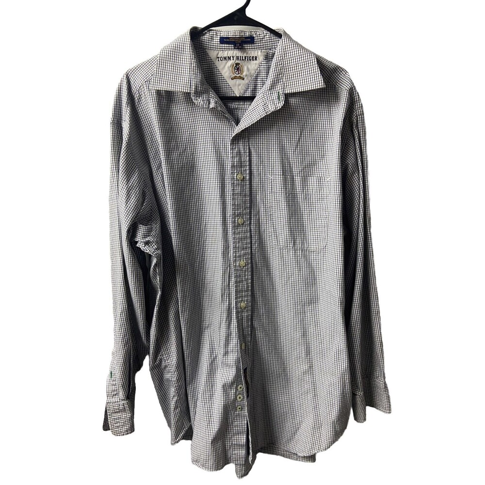 Tommy Hilfiger Mens 17.5 34-35 blue white checked button up Casual Shirt